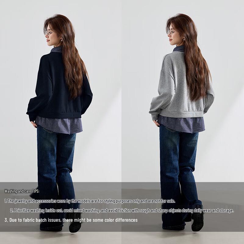 VICTORIA&VERA Women's Faux Two-Piece Plaid Sweatshirt