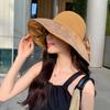 Sun Hat with Bow Design Foldable Breathable Hollow Woven Large Brim Jacquard Fabric UV Protection Face Slimming Summer Travel Hat