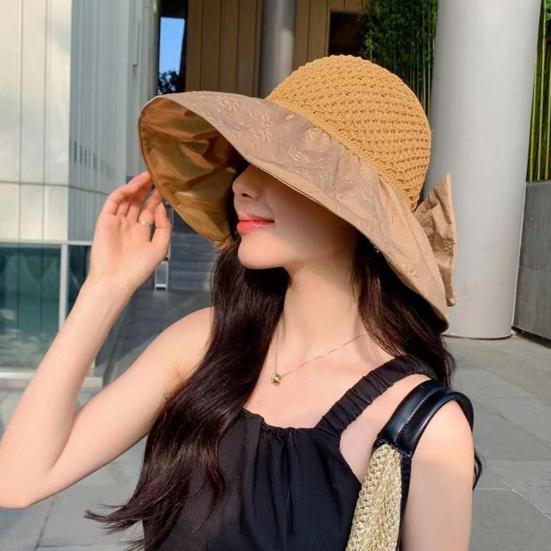 Sun Hat with Bow Design Foldable Breathable Hollow Woven Large Brim Jacquard Fabric UV Protection Face Slimming Summer Travel Hat