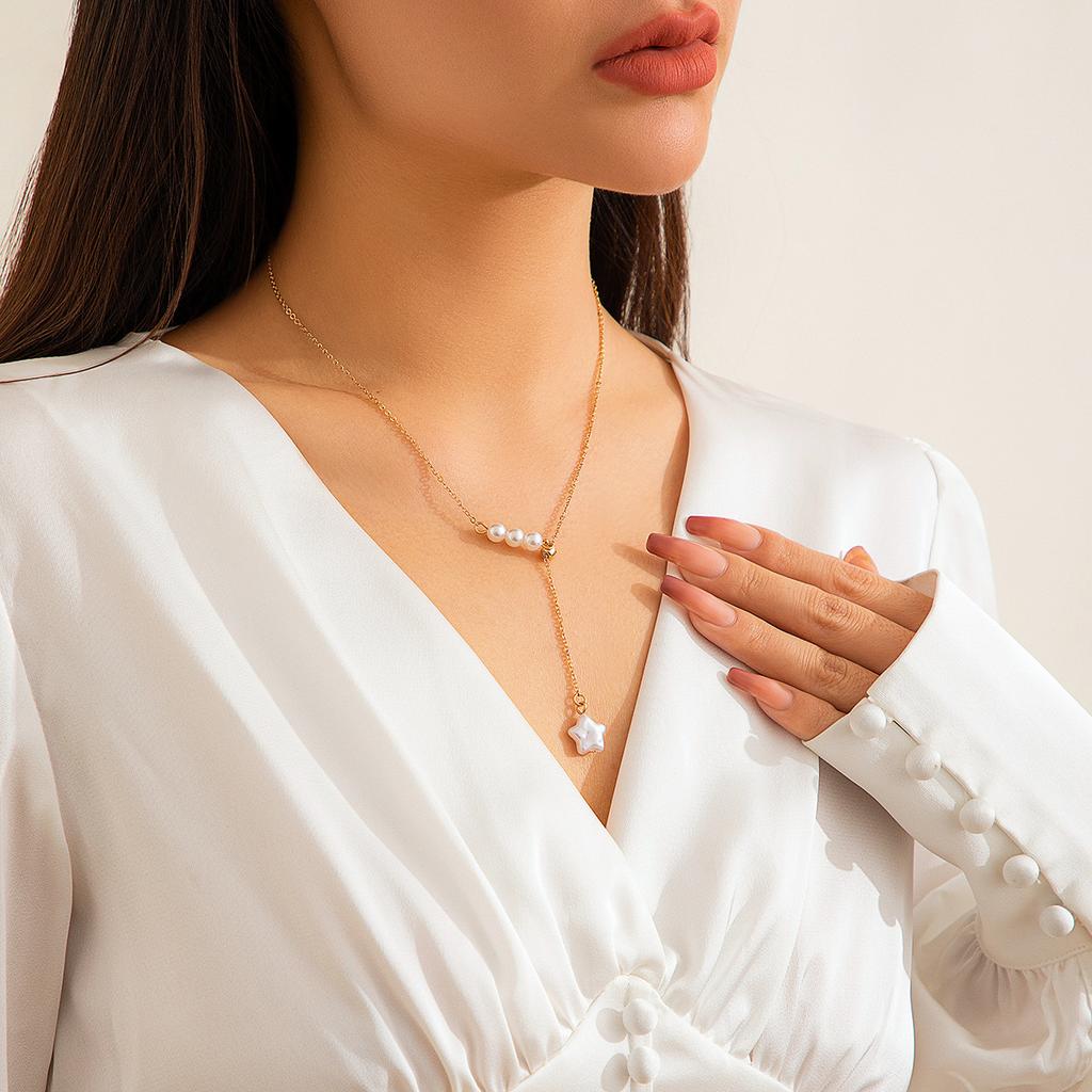 Cold Wind Design Pullable Necklace Necklace Pentagram Pearl Fringed Chain