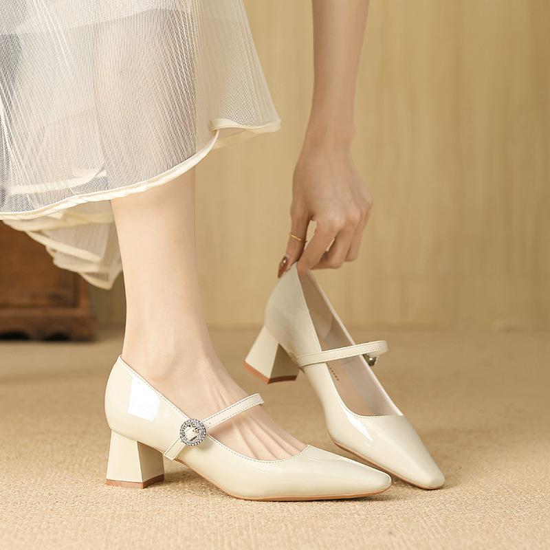 531 fashion new niche thick heel square head new rhinestone premium comfortable women's Mary Jane comfortable women's shoes