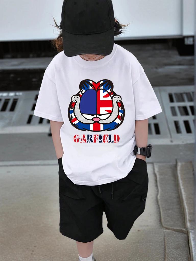 Funny Garfield Short Sleeve Kids T Shirt Summer Cute Cartoon Crewneck Street 3-14 Years