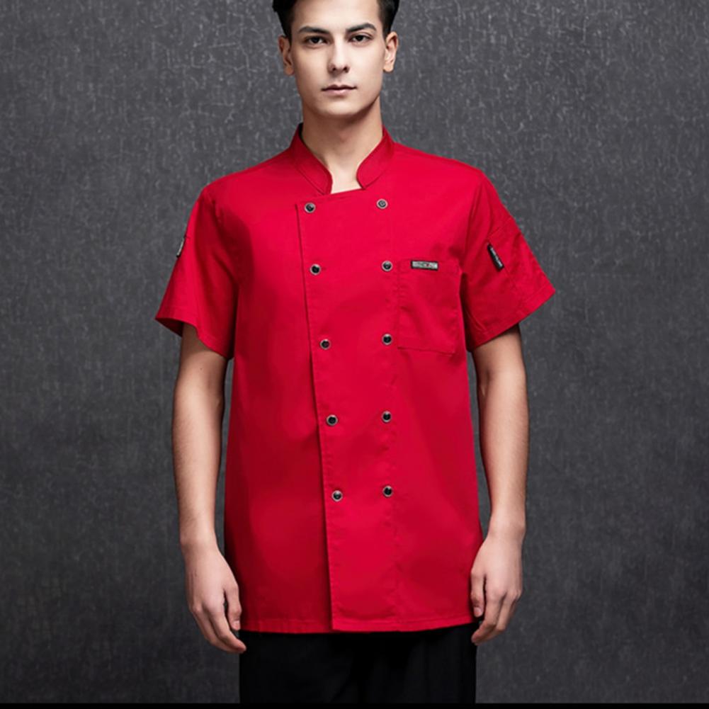 Unisex Chef Shirt Kitchen Double-breasted Short Sleeve Stand Collar Soft Chest Pocket Breathable Stain-resistant Loose Kitchen B