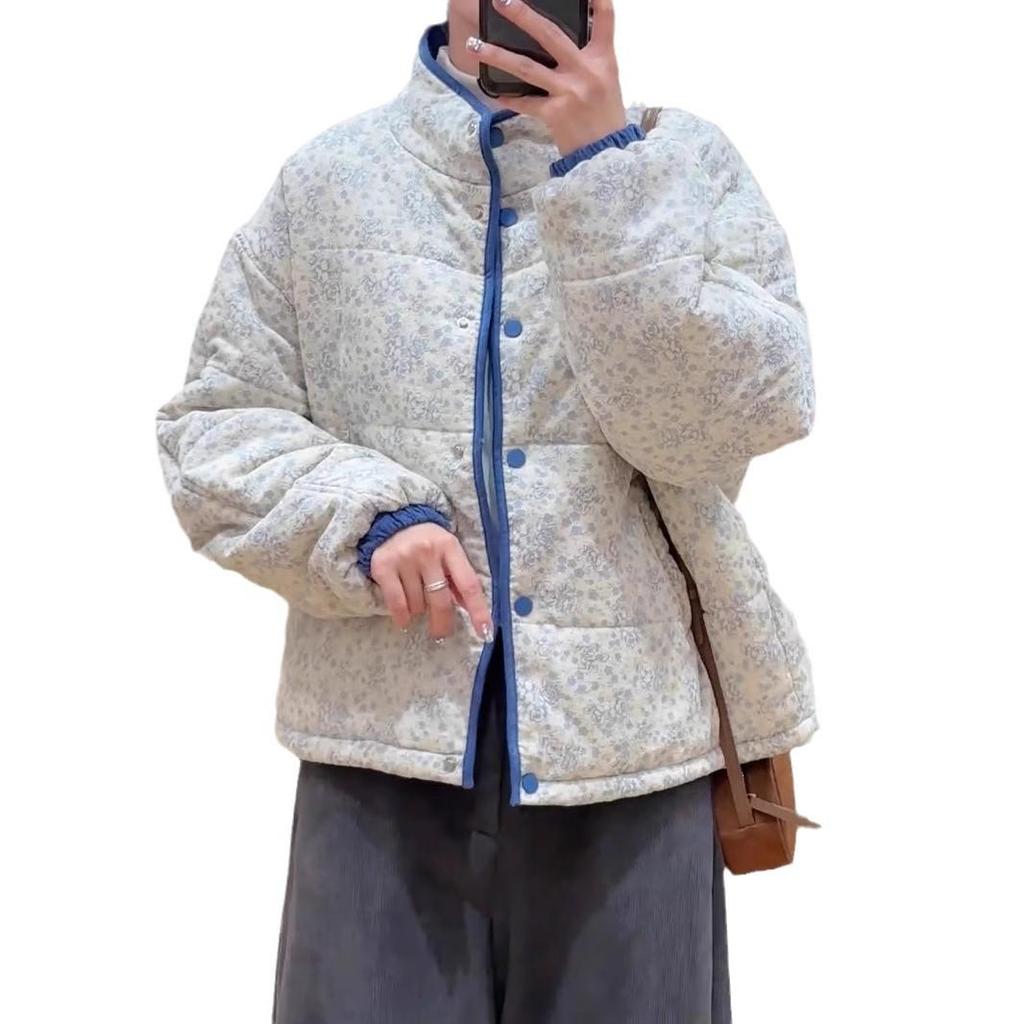 2024 Winter Korean Floral Cotton Jacket for Women - Short Stand-Up Collar, Loose, Thick, Versatile, and Warm.