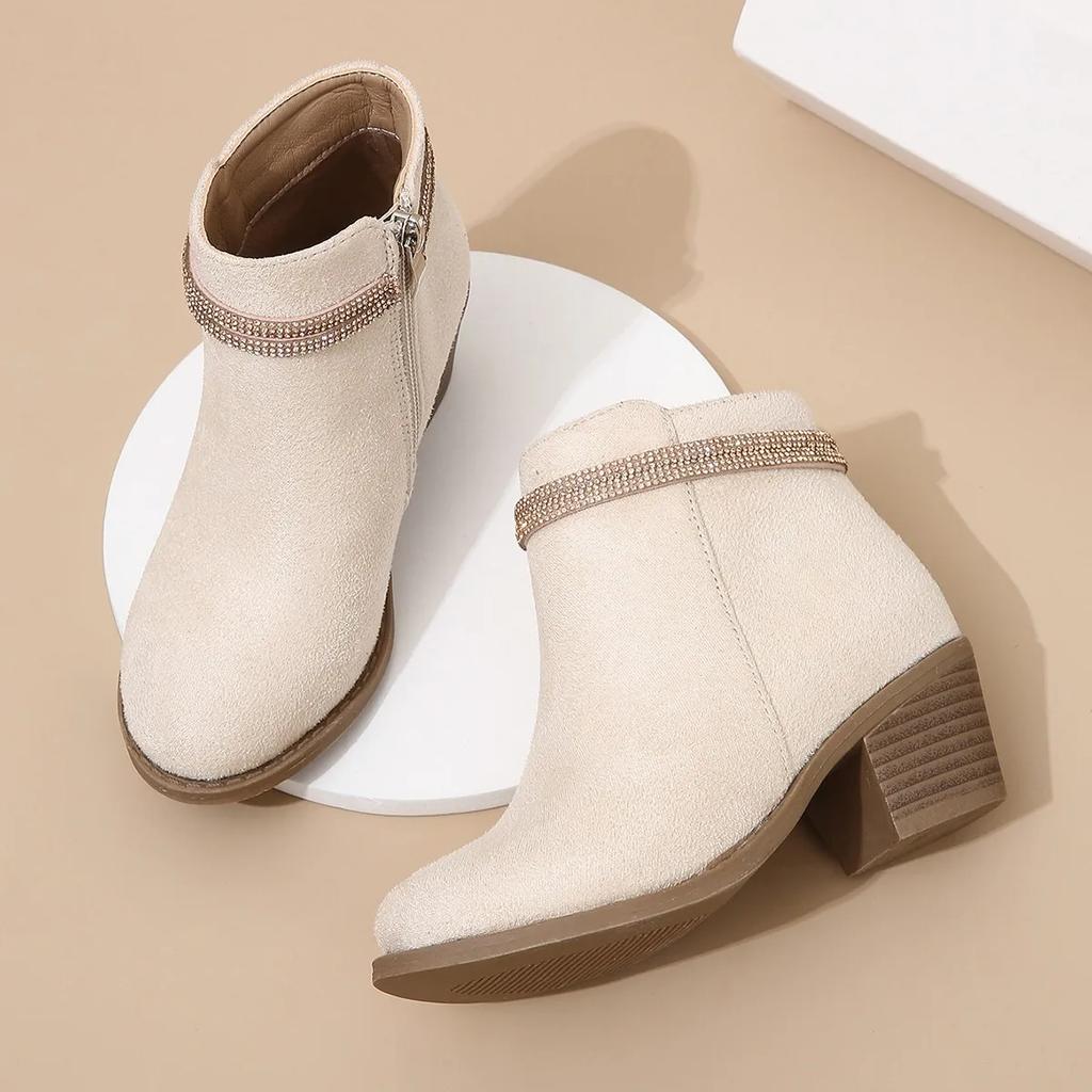Girls Boots Low Heels Rhinestones Versatile Fashion Children Fashion Leather Boots Simple Side Zipper Chic 2024 Kids Boots Cute