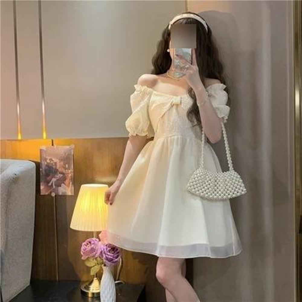 Französisches Retro Gelbes Kleid mit Puffärmeln für Mittelschulmädchen - Sommerlicher Feenprinzessinnen-Stil