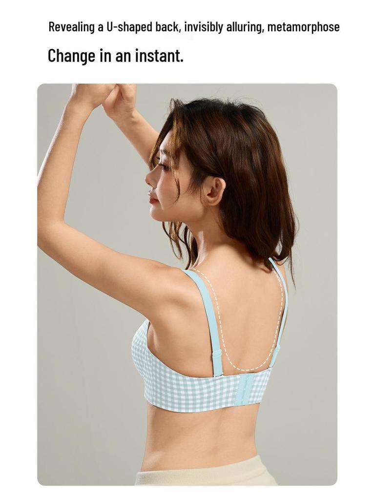 Red Push-Up Plaid Seamless Bra for Women: Lift & Enhance, No Underwire, Anti-Sagging, Ideal for Weddings