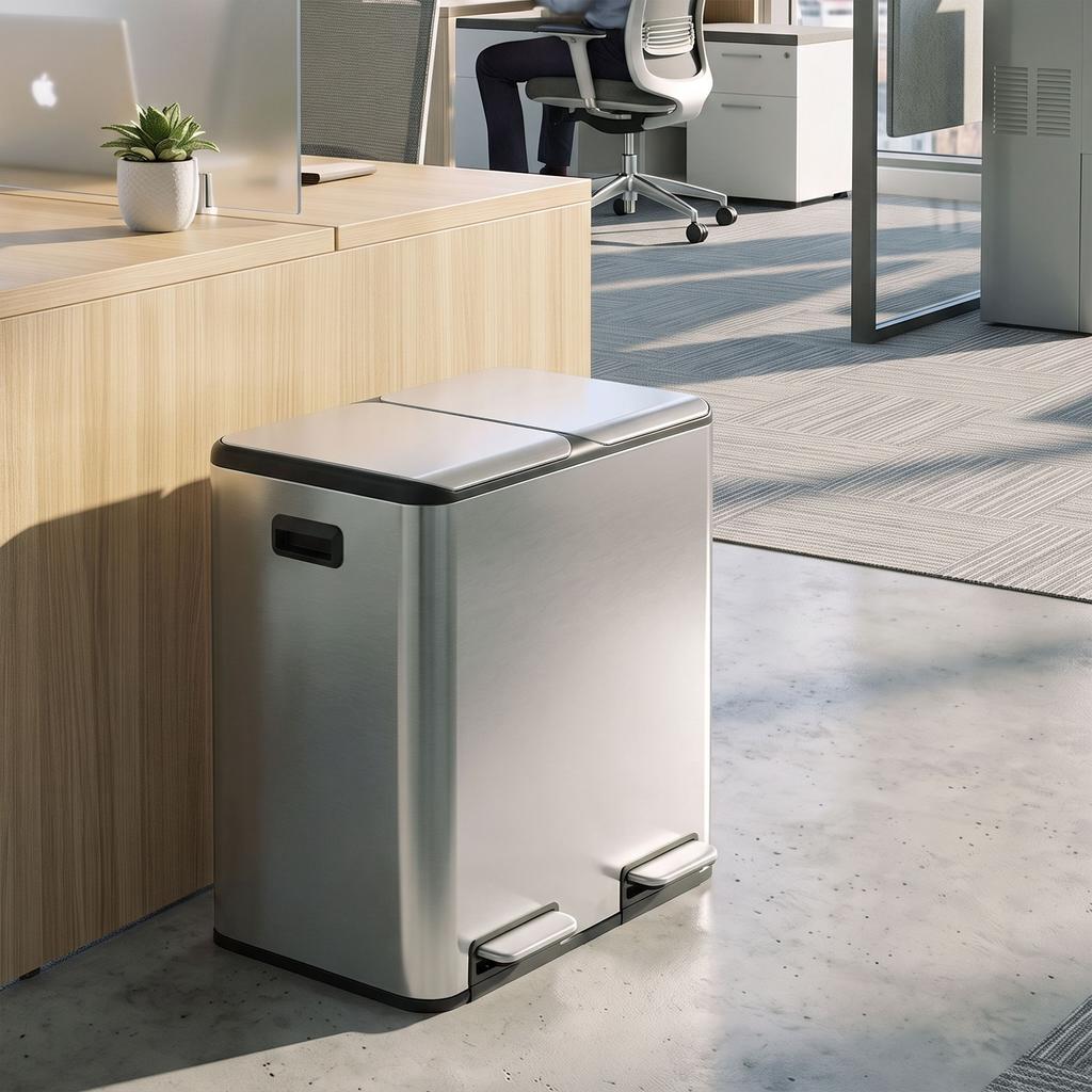 2 X 20L Double Kitchen Bin, Stainless Steel Pedal Rubbish Bin with Dual Compartments, Soft Close Lids, Silver Tone