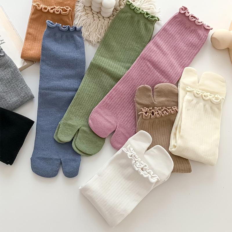Ruffle Trim Frilly Crew Socks Flip Flop Socks Tabis Split Toe Socks Cotton Booties Socks Casual Ankle High Socks Hosiery