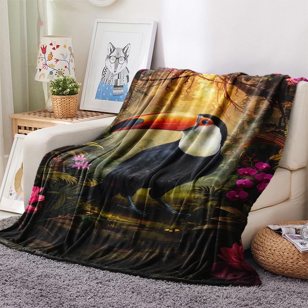 1PC Cartoon Toucan Decor Print FlAannel Blanket, High quality Comfortable for All Seasons, Home Decor, Warmth and Comfort