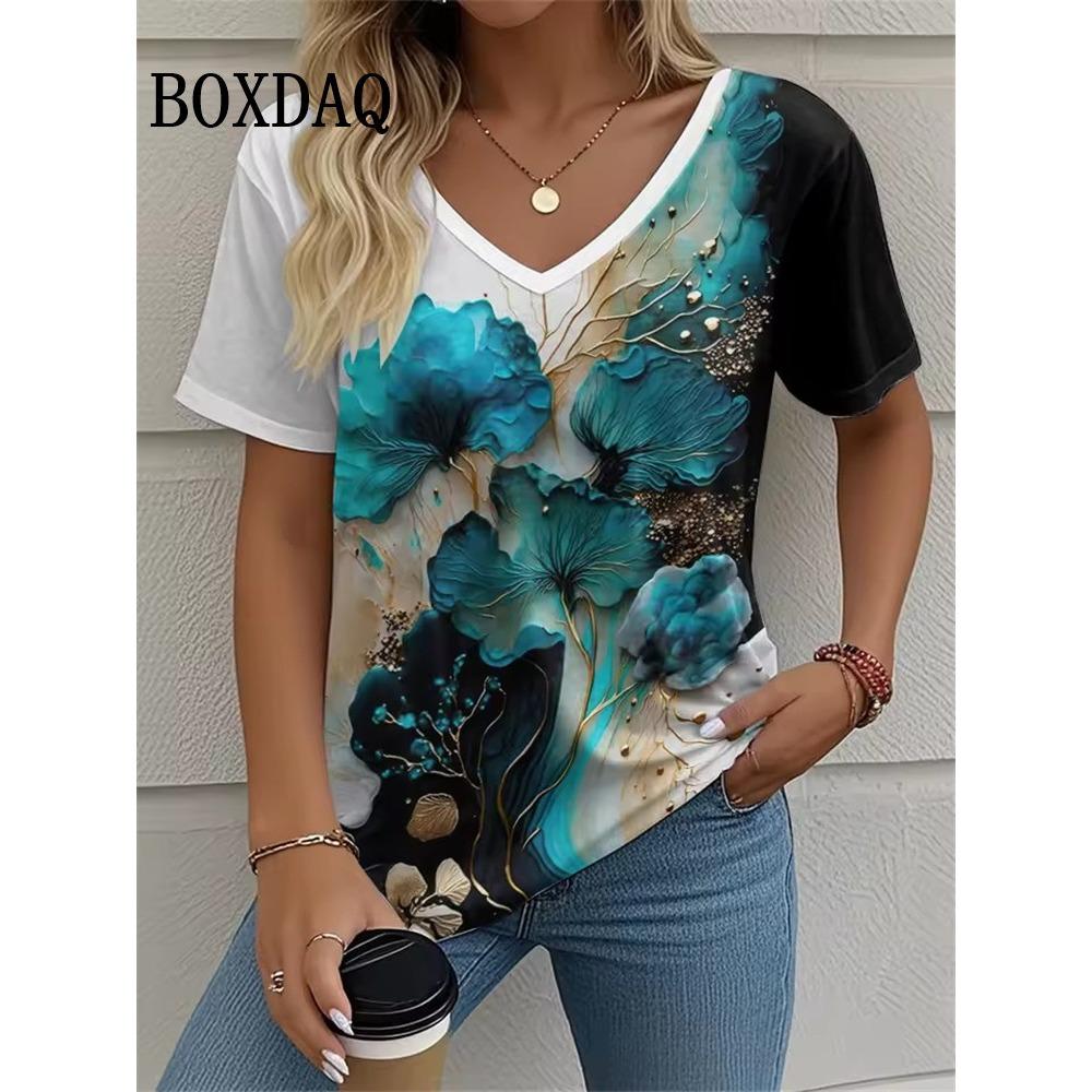 Summer retro floral T-shirt for women, tie dye 3D printed loose short sleeved shirt