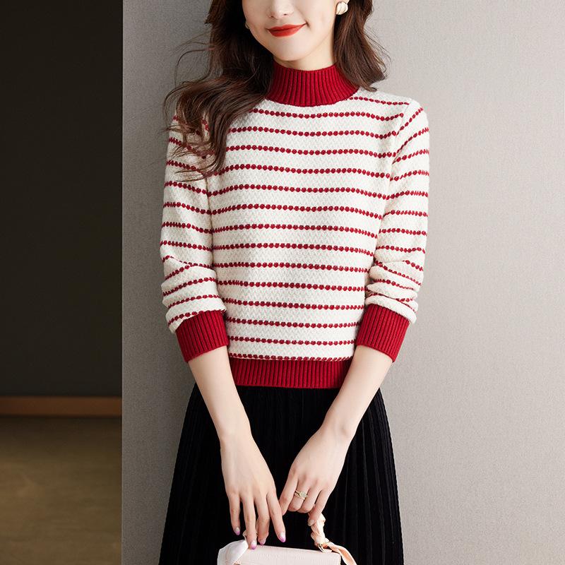 Half High Collar Autumn/Winter Sweater Bottom Shirt Striped Knitted Shirt Women's Western Style Top
