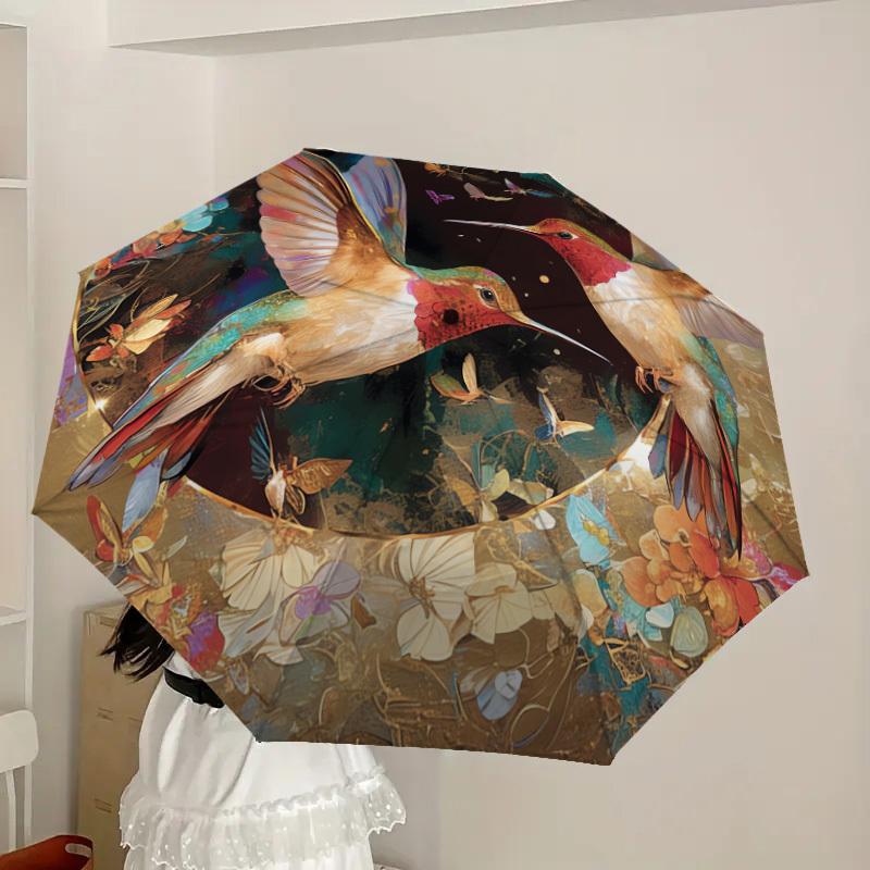 1pc Hummingbirds In Floral Garden Umbrella with Plastic Handle,Suitable for All Seasons Home Travel Outdoor UmbrellaDD930
