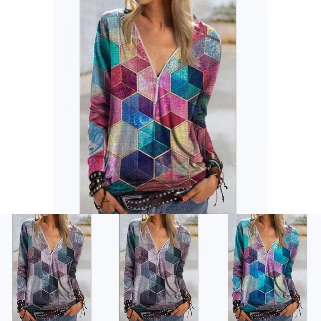 Elegant Ladies Print Pullover Blouse Shirt With V Neck And Zipper For Casual Wear