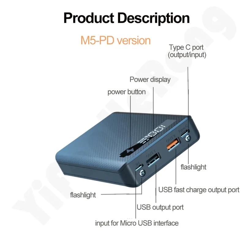 5*18650 Power Bank Case Dual USB For Mobile Phone Charger DIY Shell 18650 Battery Holder Charging Box With LED Flashlight