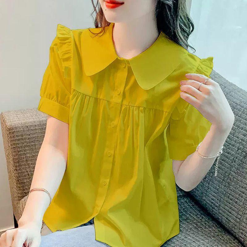 Women's Short Sleeved Chiffon Shirt Loose Doll Collar Shirt Top