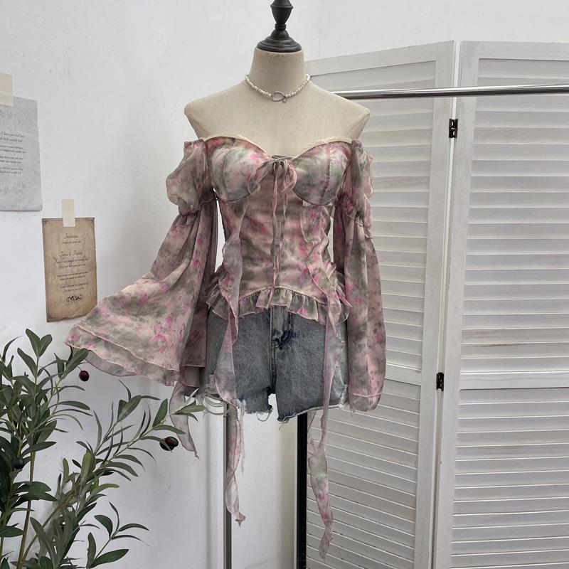 One-Shoulder Floral Print Bustier with Bell Sleeves and Lace-Up Back