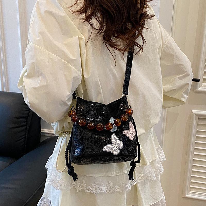 2025 New Chinese Style Butterfly Shoulder Bag Fashion Splicing Beaded Handbag Women's Versatile Messenger Bucket Bag