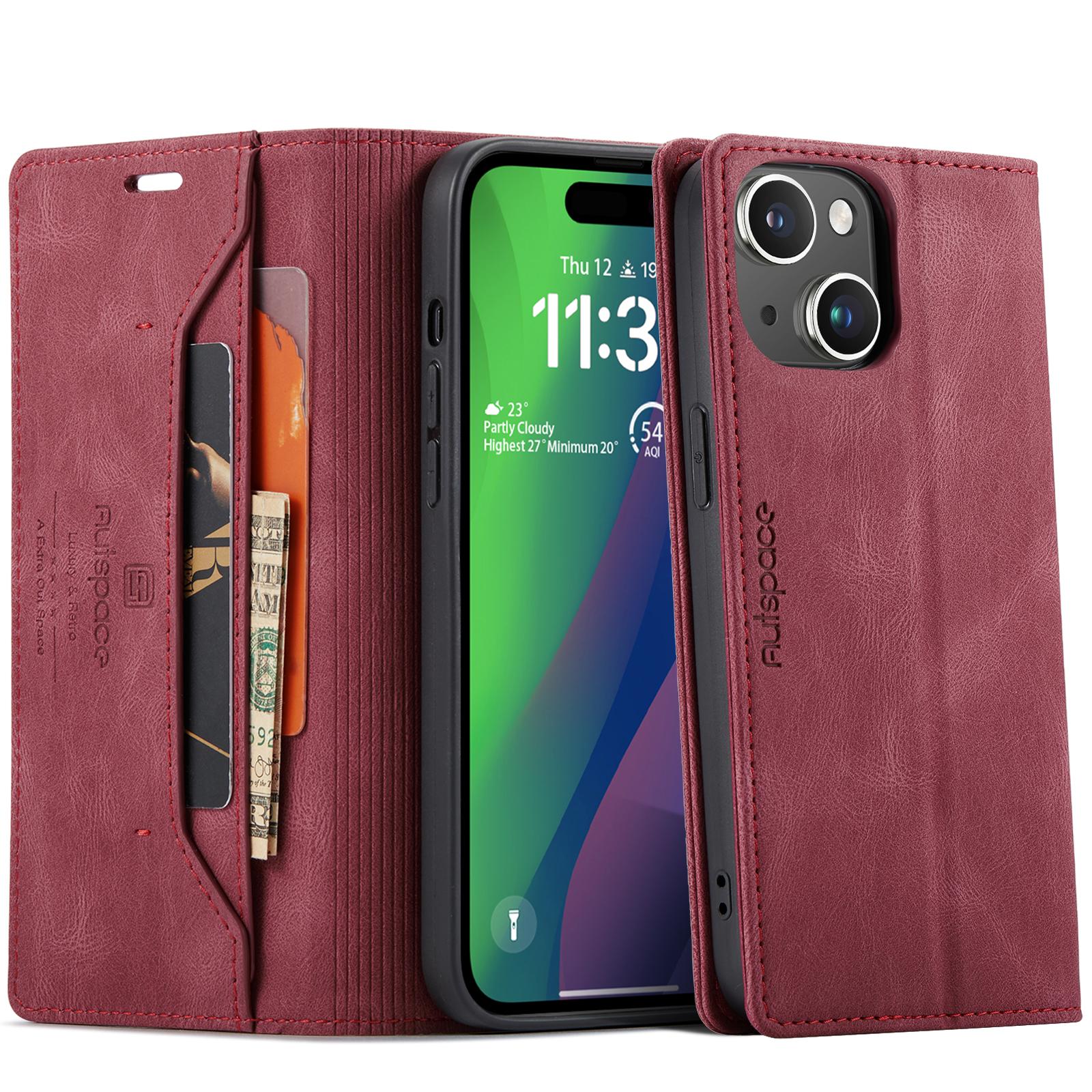 

Чехол-кошелек для iPhone 15 Plus AUTSPACE A01 Кожаный чехол-подставка с держателем для карт с RFID-блокировкой Red