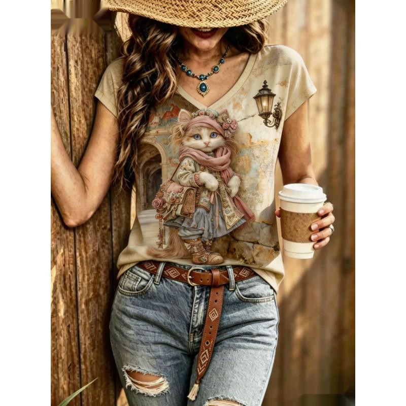 Womens V-Neck Short Sleeve Loose T-Shirt With Colorful Polka Dot Print Casual Oversized Top Daily Wear