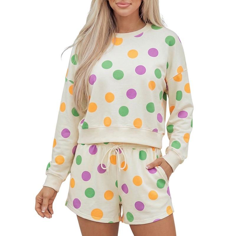 Womens Polka Dot Print Casual Two-Piece Set Loose Fit Hoodie Long Pants Winter Outfit