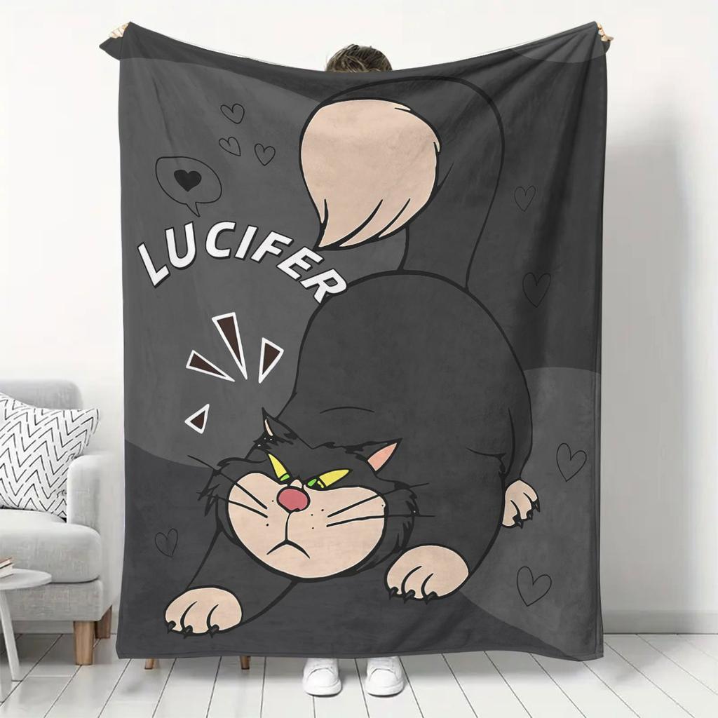 Lucifer Cartoon Cat Flannel Throw Blanket Cute Dark Cat Heart Pattern Soft Lightweight Home Blanket