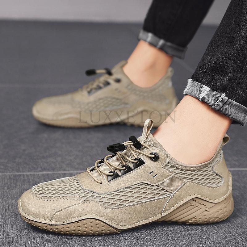 Herren Echtleder Schuhe Sommer Atmungsaktiv Tennis Herren Löcher Hohl Sandalen Für Outdoor Mesh Strand Grau Sneaker Sportlich Lässig