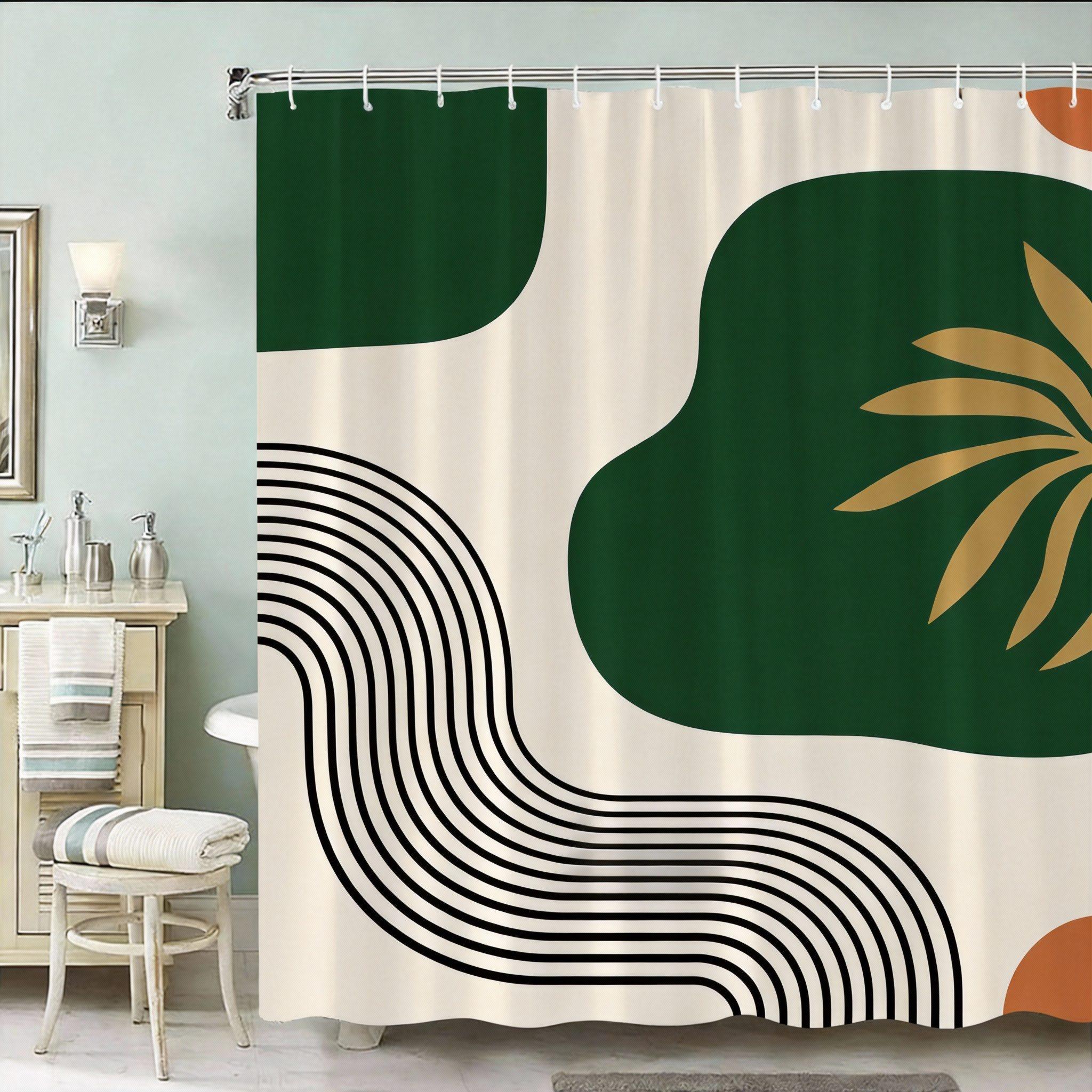 Geometric Plant Shower Curtain 180x180cm – Burnt Orange Circle with Green Leaves, Modern Art Bathroom Decor, 12 Hooks 90X180cm(35x70in)
