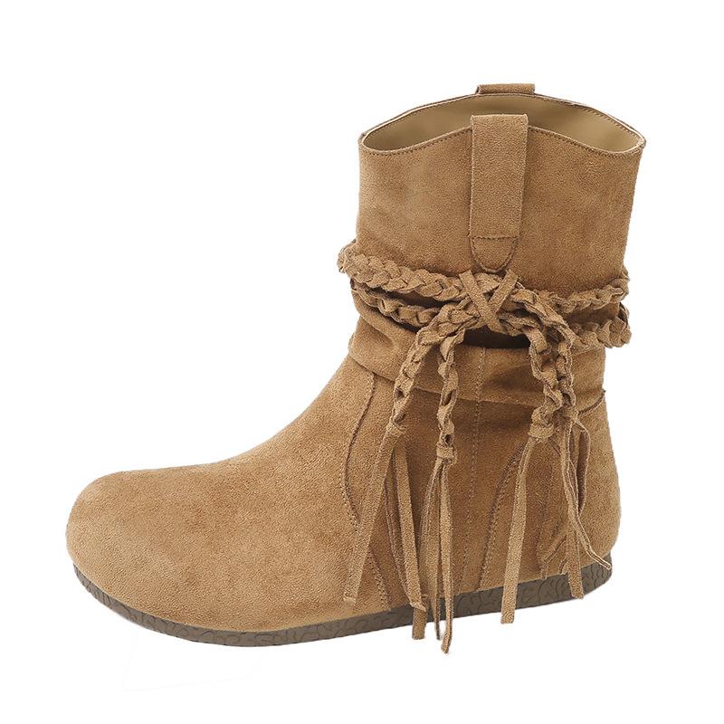 Retro western cowboy boots tassel inner height 2025 velvet autumn and winter outer wear medium tube knight boots round head short boots