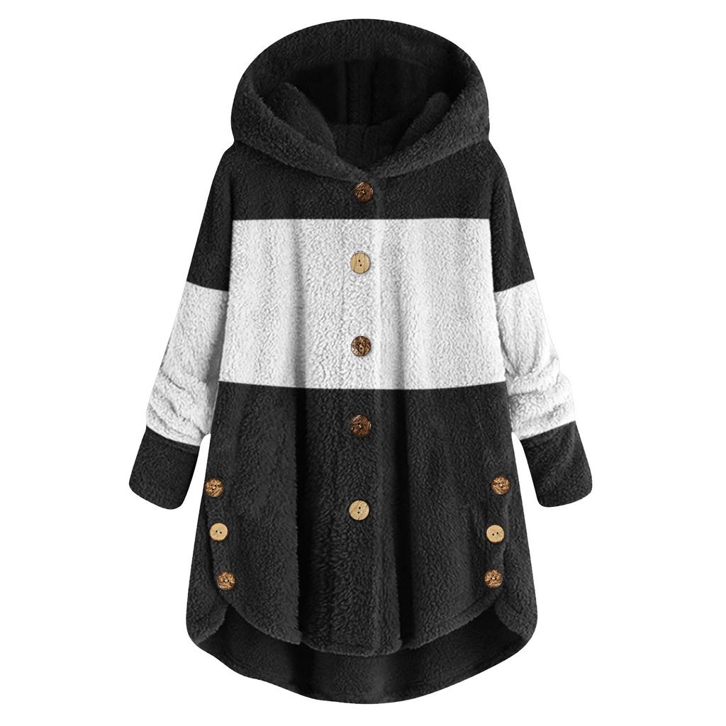 Women's Fashionable Patchwork Loose Hooded Plush Button Long Sleeved Loose Warm Jacket