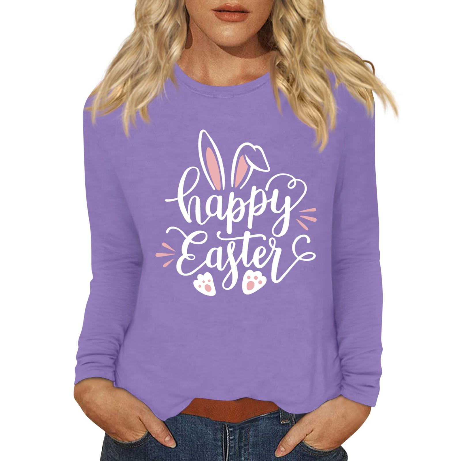 

Рубашки с длинным рукавом для женщин Пасхальный карнавал Графический принт Футболки Блузки Повседневные базовые топы Пуловеры XXL фиолетовый