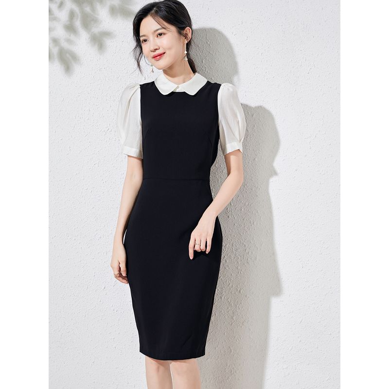 

Elegant Doll Collar Summer Fake Two-Piece Slim Fit Dress Black M