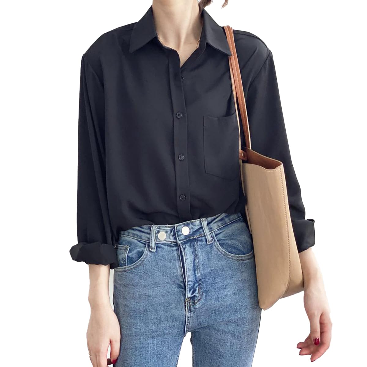 

Простая блузка с длинными шифоновыми длинными длинными рабочими входными выпускными натуральными костяными личными накидками верхняя с большим офисом 2XL [Носить B] карманы, рукава, чёрный