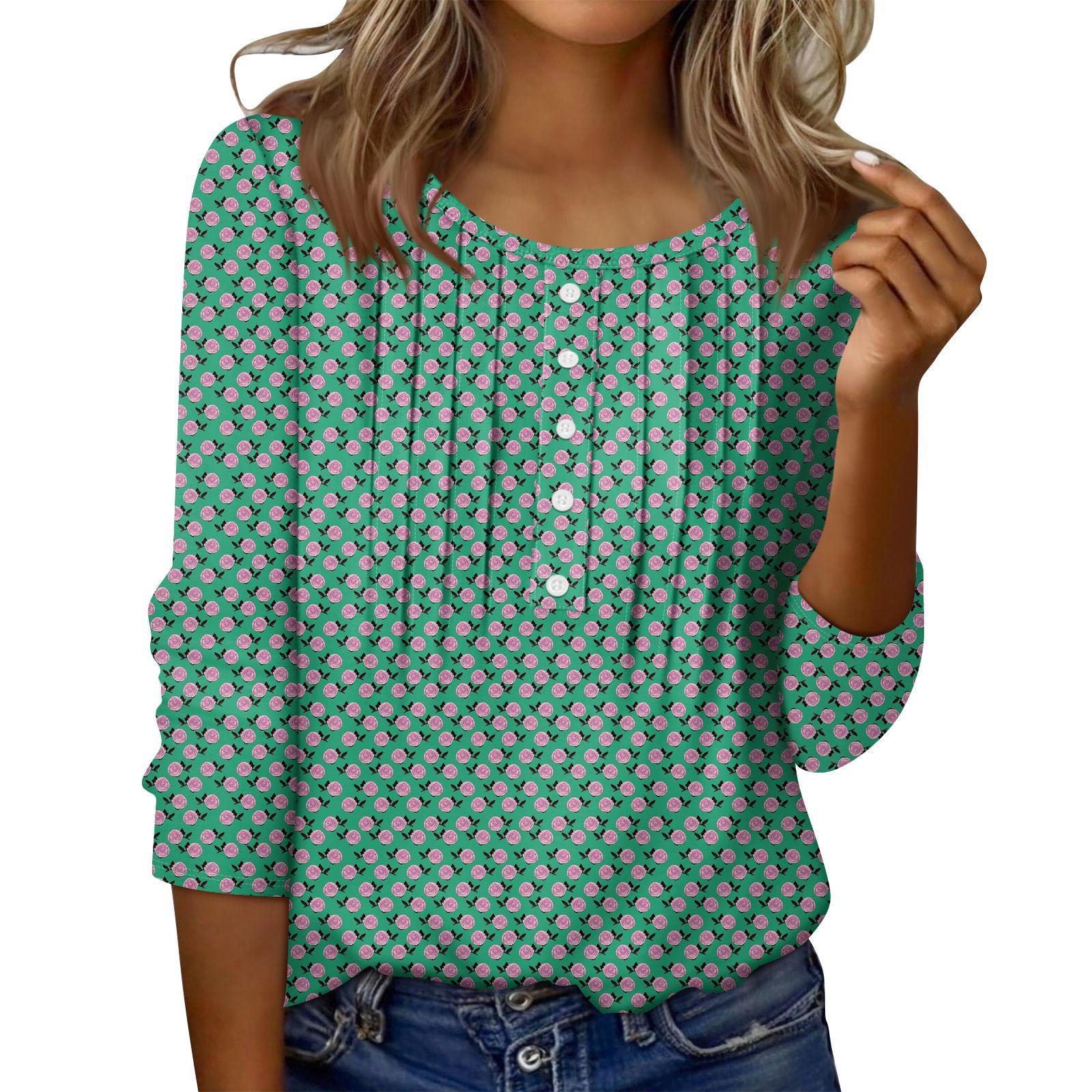 

Women s Round Neck Pull Stripe Decorative Button Top Casual Solid Color 3/4 Sleeve T Shirt XL