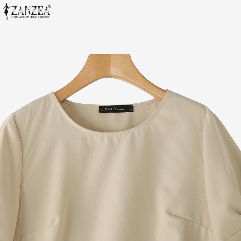 ZANZEA Women Casual Solid Color Loose Round Neck Half Sleeve Blouse