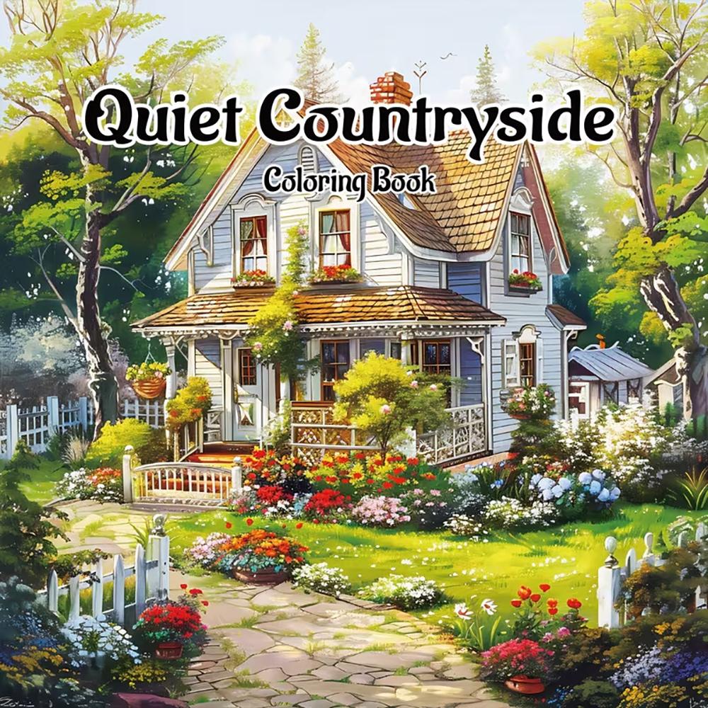24 pages peaceful countryside coloring book, a rustic style cabin in the woods, an adult coloring book, a graffiti painting,