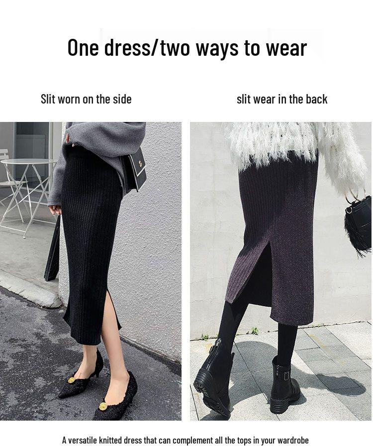 2024 Dámská zeštíhlující vlněná sukně střední délky s rozparkem