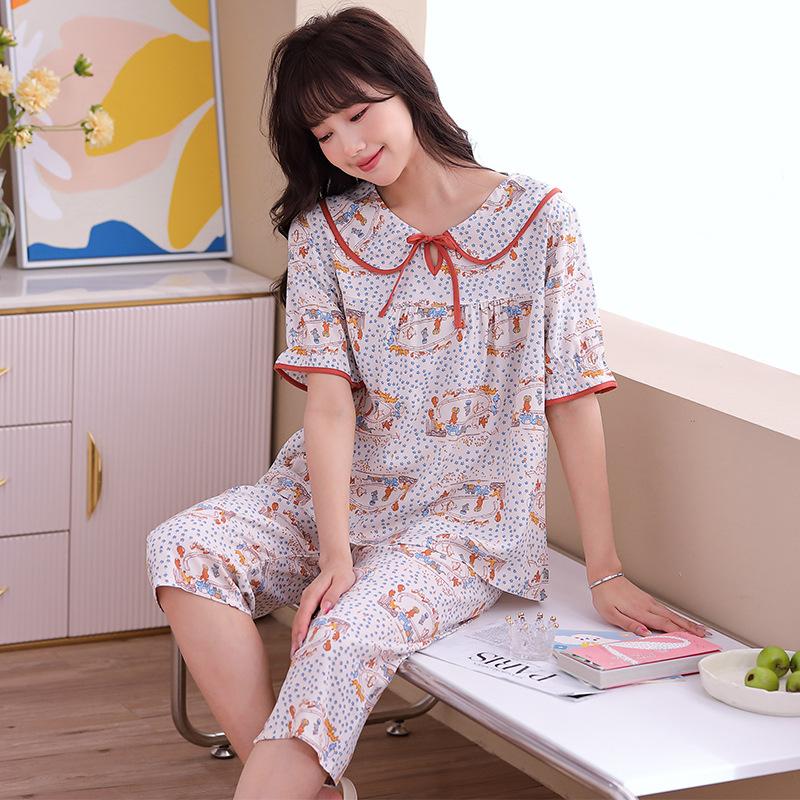 Summer day new pajamas women's short-sleeved cropped pants 10 pcs faux cotton silk set petal collar quality loungewear