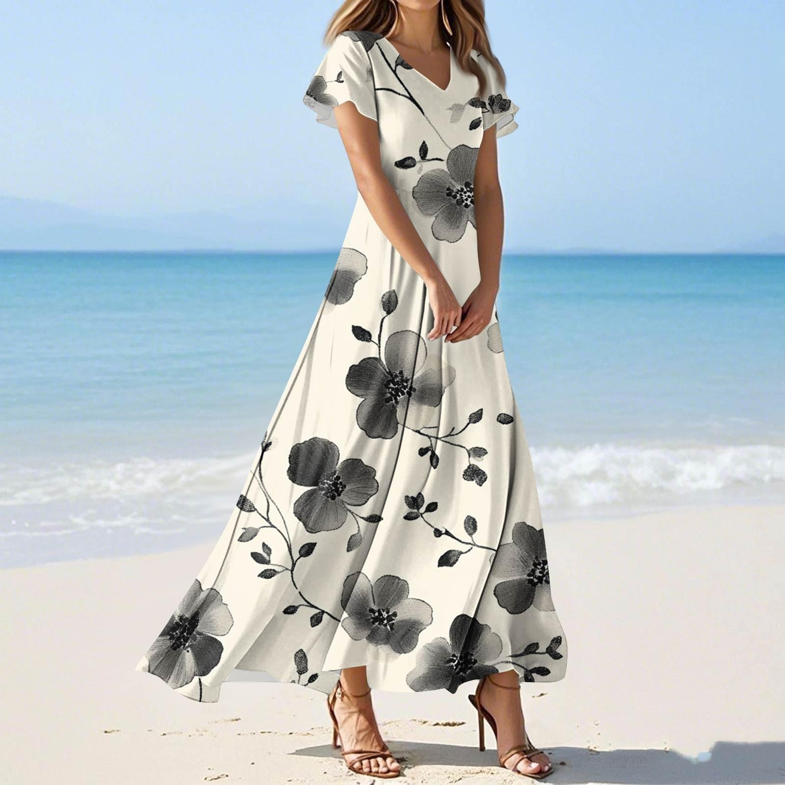 Women s Floral Maxi Dress, V-Neck Short Sleeve Summer Beach Long Dress, Casual Bohemian Style, , Sizes S-XL M хаки