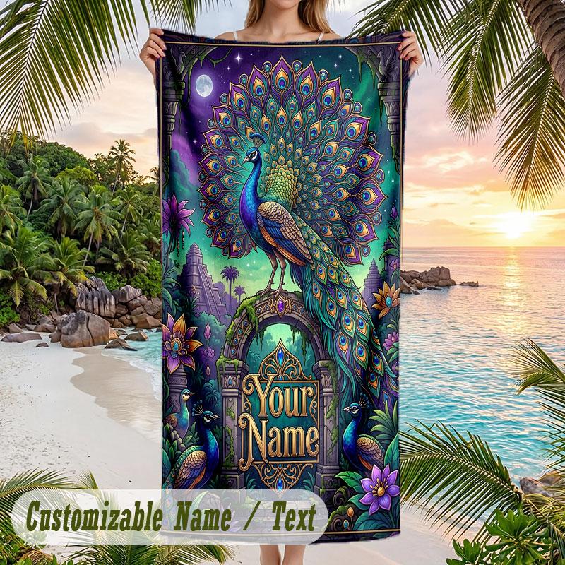 Peacock Artwork Theme Quick Dry Beach Towel Custom Name Text Print Large Sand Resistant Towel Beach Vacation