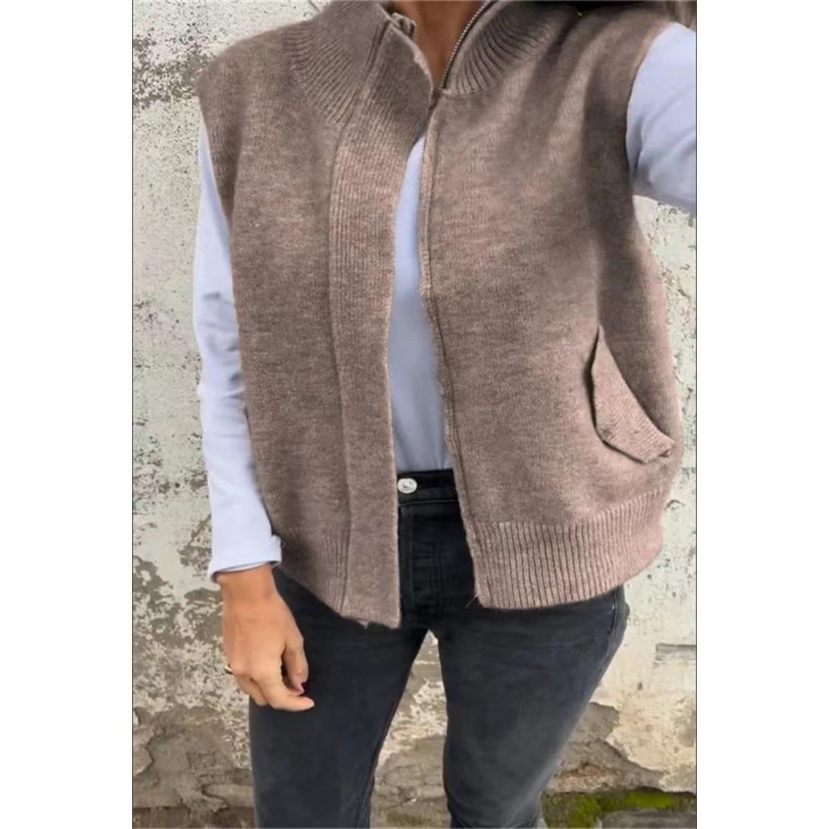 

2025 Winter Women s Stand Collar Zip Knitted Vest Loose Casual Open Front Sweater Gilet for Autumn Winter M хакі
