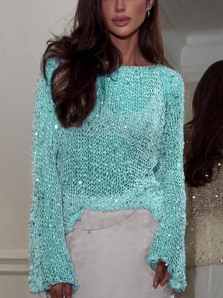 Manufacturer 2026 Loose Sexy Spice Girl Wool Sequined Top Long Sleeve Hollow Pullover Knitted Sweater