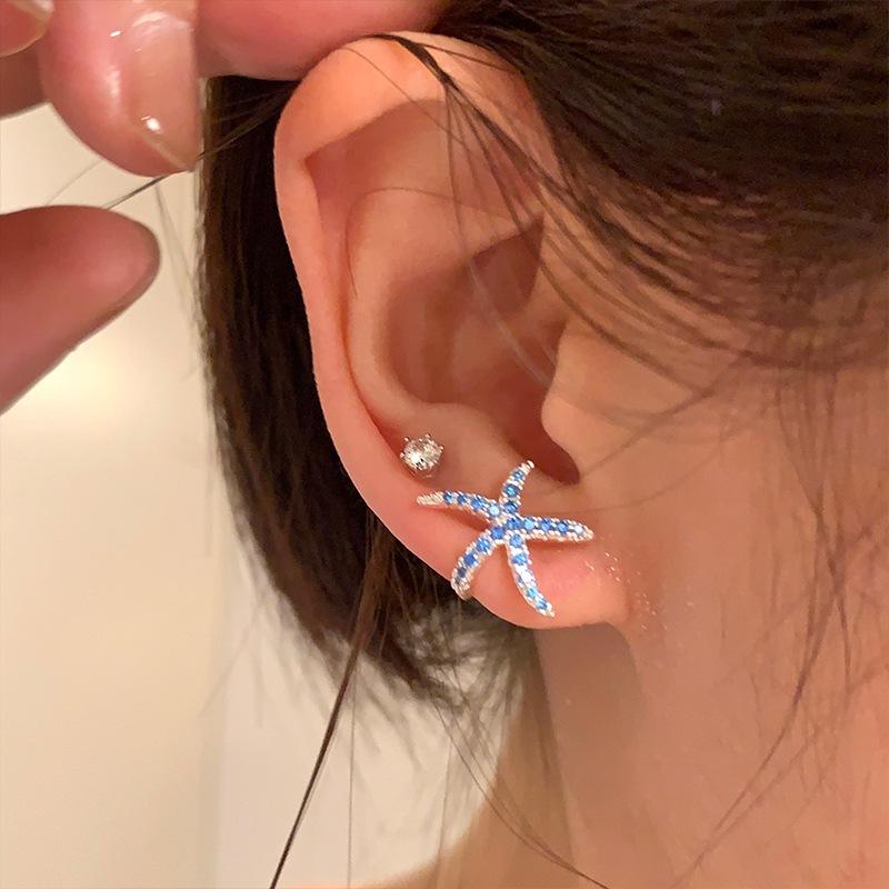 Fashionable Summer Blue Full Diamond Starfish Ear Studs Sweet Small Stud Earrings For Women Girls Beach Party Jewelry Gift