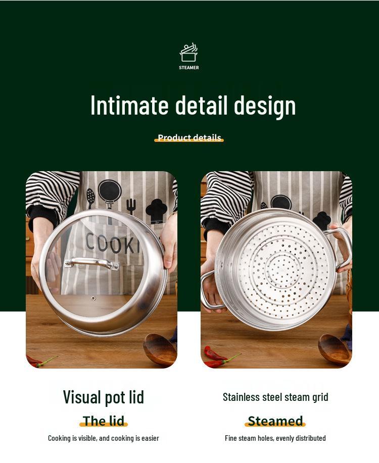 Extra Large 304 Stainless Steel Steamer with Glass Lid, 28-34cm, Dual/Triple Layer and Composite Bottom, Steel Handle