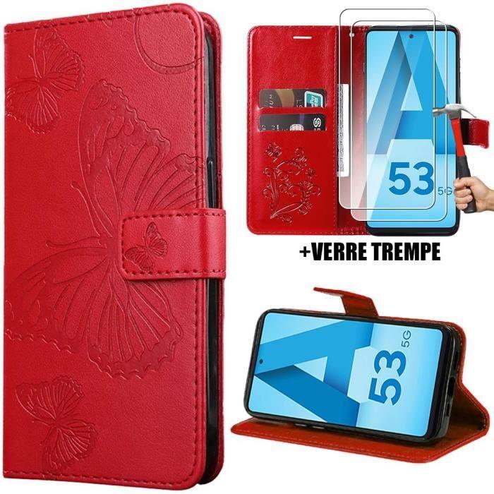 Coque - Samsung - Galaxy A53 5G - Rouge - Motif Papillon - Effet Cuir