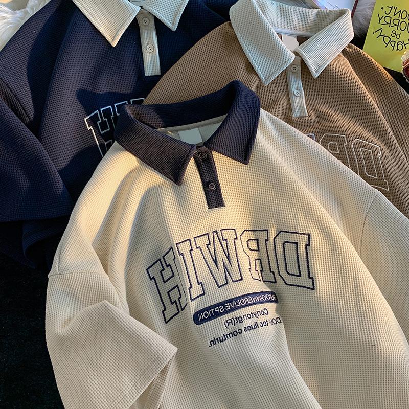 Men's and Women's Short Sleeve T-shirt, Waffle Polo, Loose Type, Turn-down Collar, Preppy Style, Student Tops, Summer