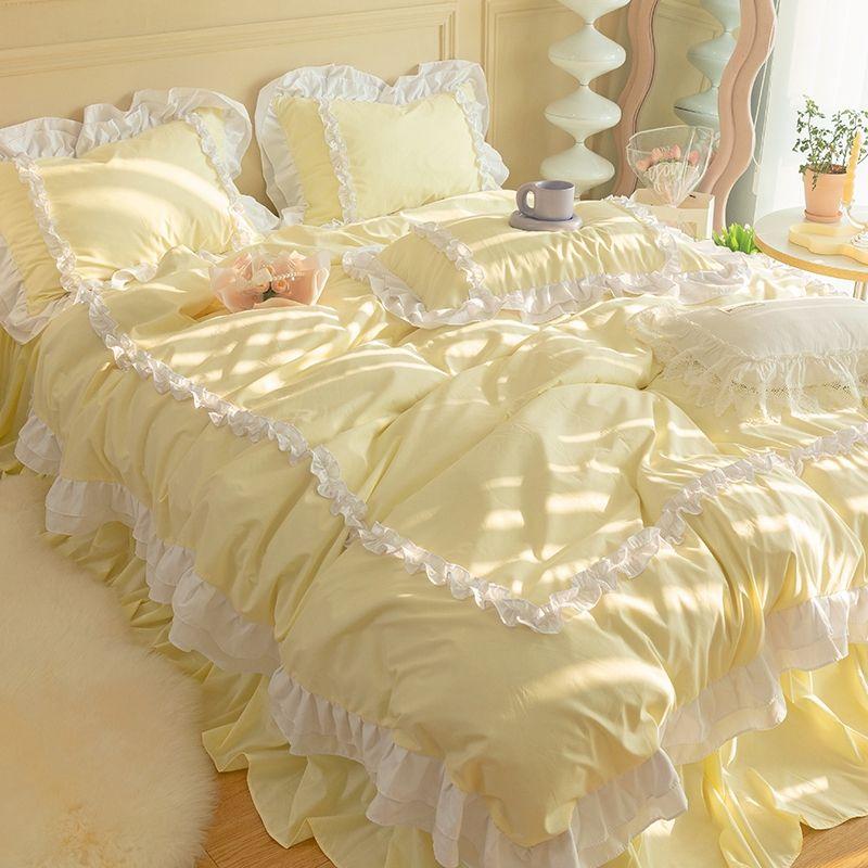 INS Koreaanse Prinsessen Beddengoed Kawaii Ruche Kant Bedrok Dekbedovertrek Effen Kleur Queen Size Voor Meisjes Vrouw Hometextiel Flat Bed Sheet&for 1.5m bed 4pcs