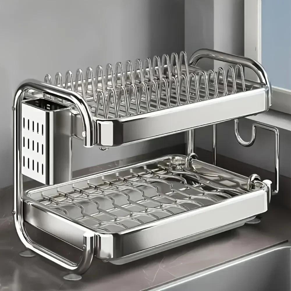 Dish Drying Rack Multifunctional Rustproof Big-capacity Bowl Storage Shelf Stainless Steel Multilayer Spacesaving Draining Shelf