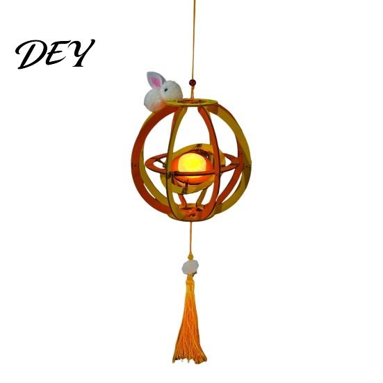 LED Candle Lantern Toy DIY Kit for Mid-Autumn Festival, Hollow Wooden Rotating Ring Making Set with Rabbit, Handmade Tassels