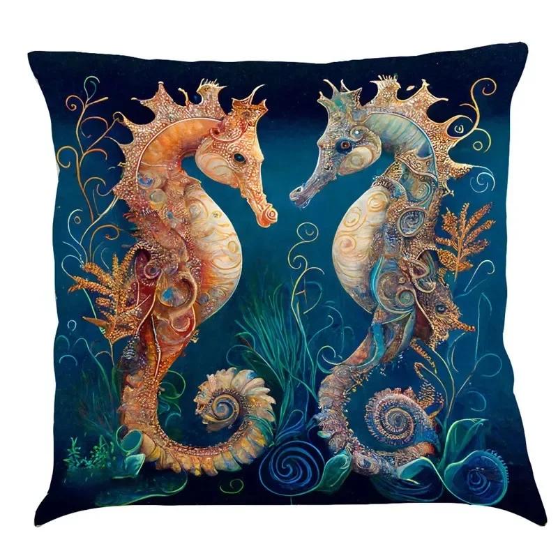 Luxury Home Decoration Pillowcase Car Living Room Sofa Cushion Cover Marine Life Painting Pattern Cushion Cover